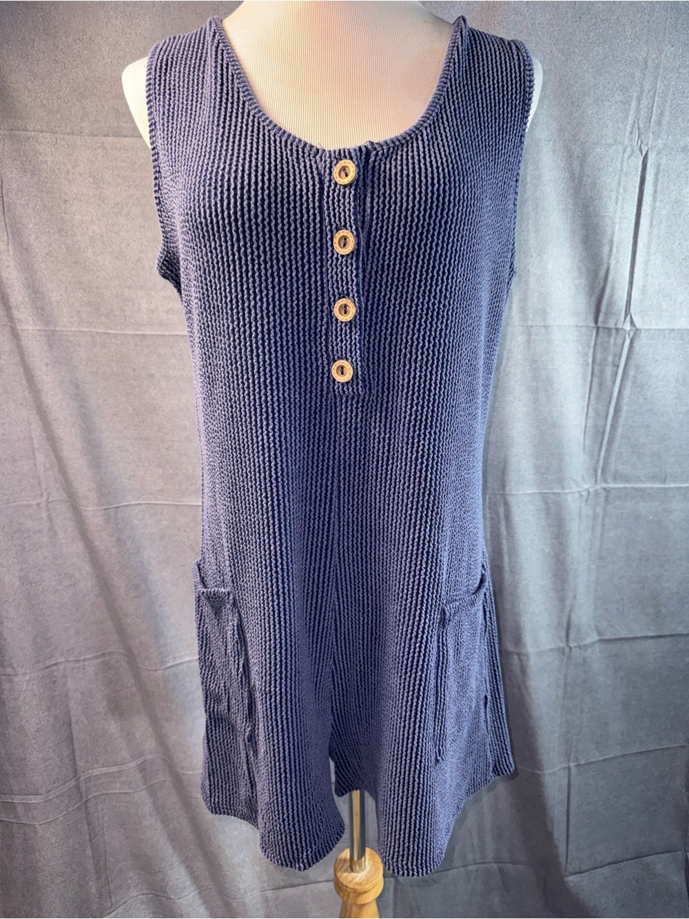 1838-HEIMISH USA Navy Sleeveless Knit Romper with Wood Buttons